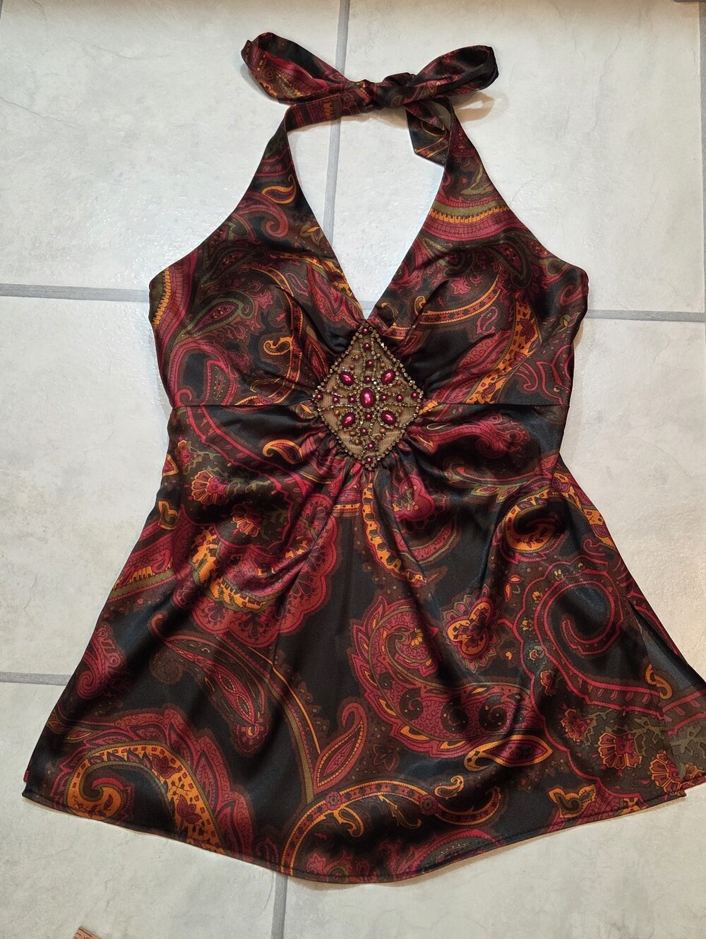 Cache Womans Paisley Halter Top-Size S Decorative Front- Hidden Back Zipper